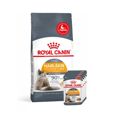 Набір корму для котів Royal Canin hair and skin care 2 кг + 4 pouch вологого корму - домашня птиця - masterzoo.ua
