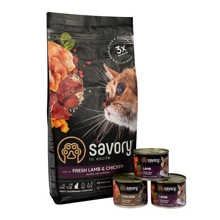 Акційний набір кормів Savory для стерилізованих котів, 2 кг + 600 г (ягня та курка) - masterzoo.ua