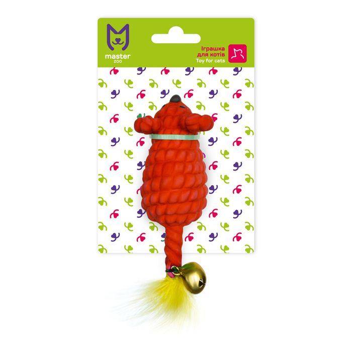 Іграшка для котів MasterZoo Мишка з брязкальцем та пір'ям червона 10 х 3,3 х 3,8 см (гума) - masterzoo.ua