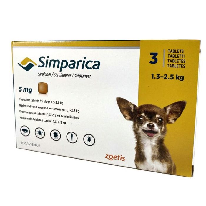 Жевательные таблетки для собак Симпарика 5 мг от 1,3 до 2,5 кг, 3 таб - masterzoo.ua