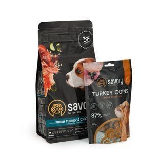 Cухий корм для цуценят Savory Набір Puppy 1 кг - індичка та курка + Ласощі Puppy Turkey Coins 100 г - індичка та курка - masterzoo.ua