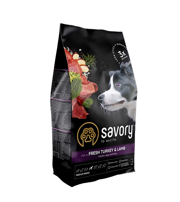 Сухий корм для собак середніх порід Savory 3 кг (індичка та ягня) - masterzoo.ua