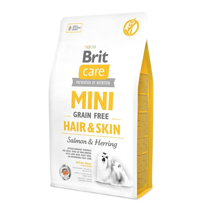 Сухий корм для собак мініатюрних порід, шерсть яких вимагає додаткового догляду Brit Care Mini GF Hair & Skin 2 кг (лосось та оселедець) - masterzoo.ua
